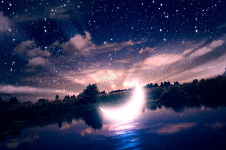 农村森林靠近河流夜间风景有新月照片操作经编辑的颜色图片
