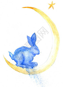 卡通月亮与兔子柔软漆的兔子手画水彩图背景