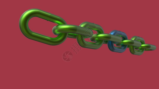 绿色金属链条有蓝色接3d在红色背景上隔离绿色金属链条在红色背景上隔离设计高清图片素材