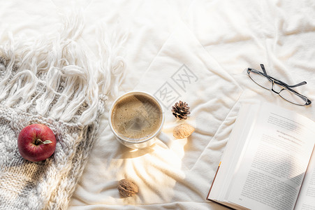 舒适的休闲概念开放的书眼镜苹果在毛披肩和热咖啡在白毯上早晨的阳光下背景图片