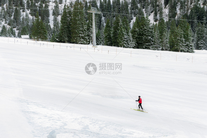 冬天风景最微小雪坡上满是周围都树还有一个滑雪者在奥斯特里亚的厄尔瓦德图片