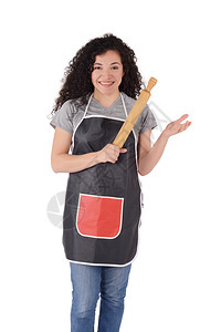 年轻的美厨师肖像用滚动针孤立的白色背景图片