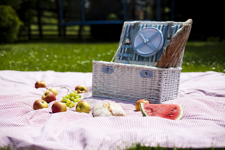 带水果面包和葡萄酒的野餐篮子高清图片