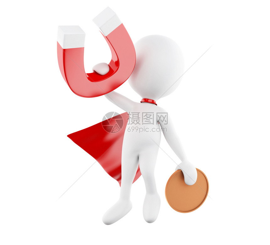 3d铸造者图像带红色斗篷和马蹄铁磁的白人吸引金钱商业概念孤立的白色背景图片