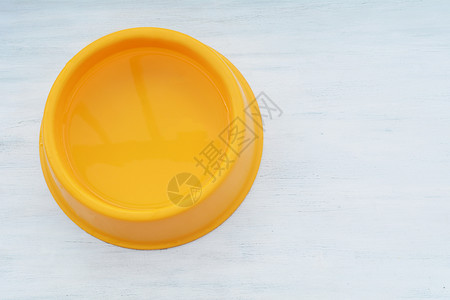 满水的黄色塑料碗白木本底水宠物喂养和照料概念图片