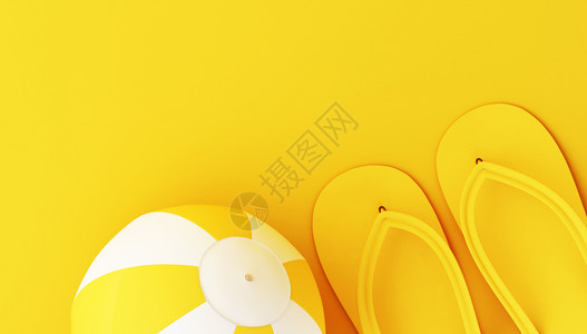 炫彩黄色球3d示例黄色背景的翻滚和海滩球最小的夏季概念背景