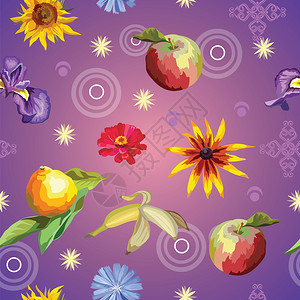 带鲜花和水果柠檬香蕉苹果向日葵背景图片