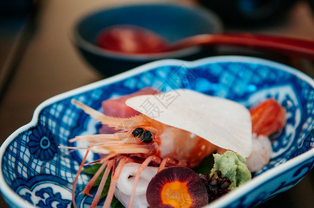 新鲜的日本竹鱼生植物亚比虾鱼和黄蜂在彩色墨水碗中图片
