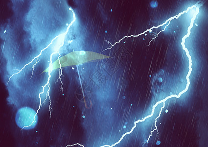 黄色闪电抽象的暴风雨背景和闪电下的伞背景