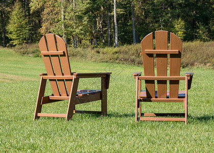 Adironack木制椅子背面的一对木制椅子在草坪上对面的森林背景图片