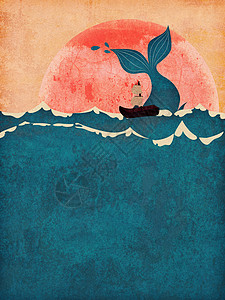 野生动物海报太阳落山时鲸尾鱼在海中的抽象泥土图案最小背景
