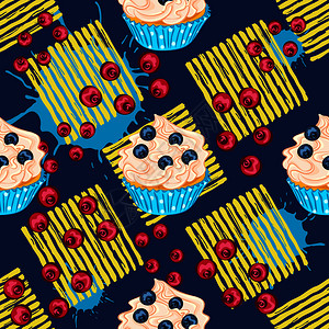蓝莓慕斯蛋糕蓝背景矢量无缝模式上的红莓和蓝甜点用于包装或纺织品设计图片