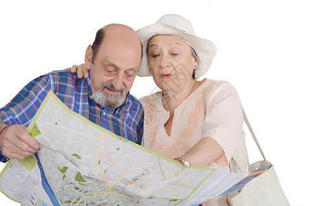 带有观景的老年夫妇肖像旅行概念孤立的白色背景恋人高清图片素材