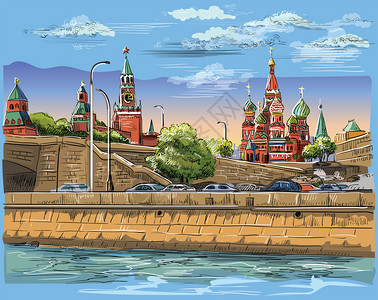 莫斯科河位于克里姆林塔和摩斯考河红方莫斯考俄罗交叉桥的堤岸城市多彩孤立的矢量图解插画
