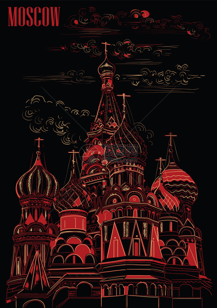 kremlin莫斯科俄罗的圣拜大教堂以黑色背景的红和蜜绘制孤立的矢量图示图片