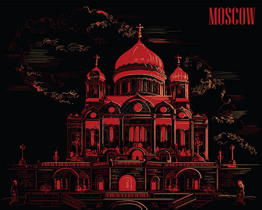 基督救世主基督大教堂的城市风景救世主莫斯科俄罗孤立的矢量手画图用黑色背景的红和蜜显示插画