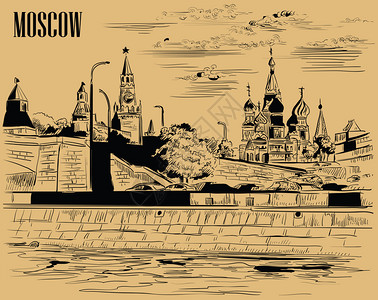 莫斯科河克里姆林塔和摩斯考河红方莫斯科俄罗横跨莫科河红方俄罗斯的桥堤偏僻城市景点插画
