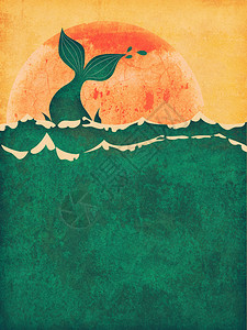 野生动物海报太阳落山时鲸尾鱼在海中的抽象泥土图案最小背景