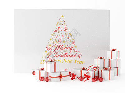 3d说明带礼品盒和圣诞装饰的贺卡图片