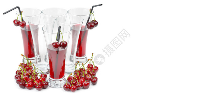 白色背景的樱桃和果汁杯有机食品宽照片免费文本空间图片