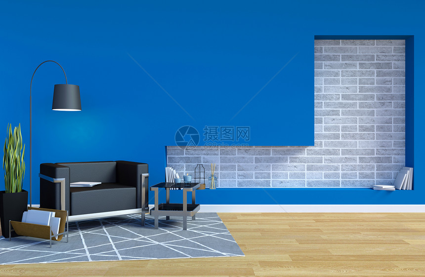 现代室内客厅装有蓝色墙壁在上复制空间供模拟3D图片