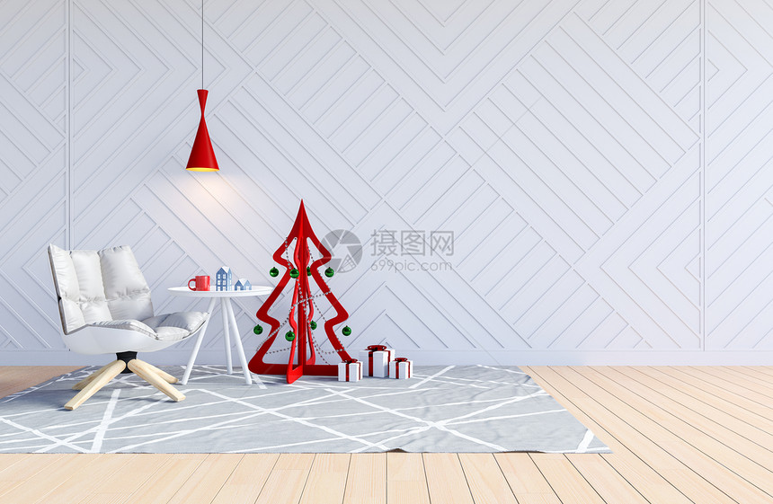 室内白色起居圣诞节假日有树3D图片