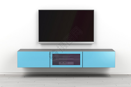 起居室装在墙上架立的电视机柜和大平板屏幕电视机背景图片