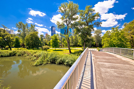 澳洲首府Viona的多瑙公园湖喷泉和月光塔风景高清图片