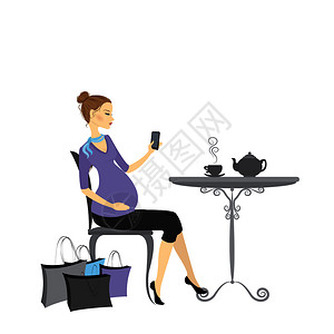 欧洲购物孕妇手拿着机坐在咖啡厅的桌子旁插画