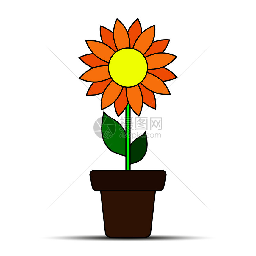 花盆中的橙色太阳花卡通矢量插画图片