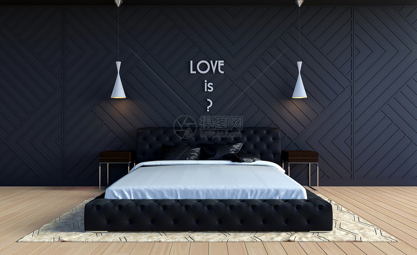 现代卧室内饰以情人节主题颜色显示墙上有文字3D显示图片
