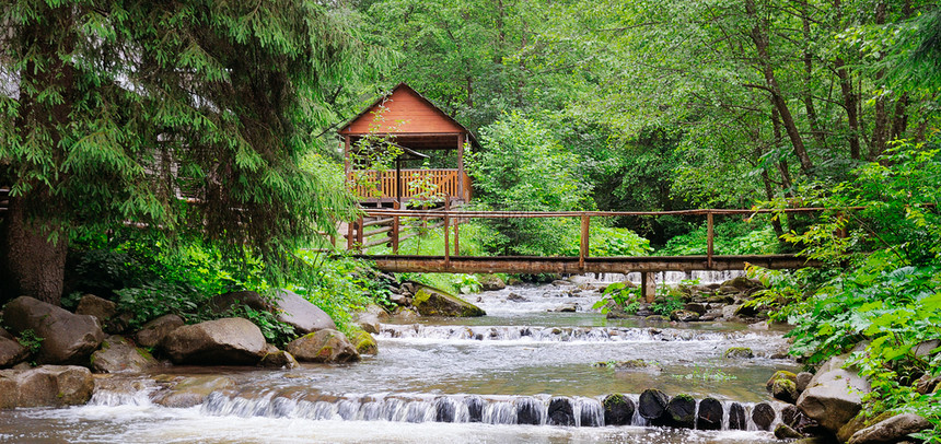 山河茂密的植被和娱乐区有一座桥和凝视室位置是喀尔巴阡乌黑欧洲概念生态保护照片宽广图片