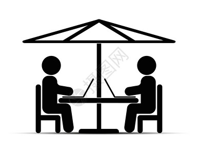 两个人用笔记本电脑坐在伞下的桌子上简单画图片