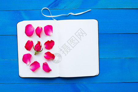蓝木本上玫瑰的日记笔本情人节的概念图片