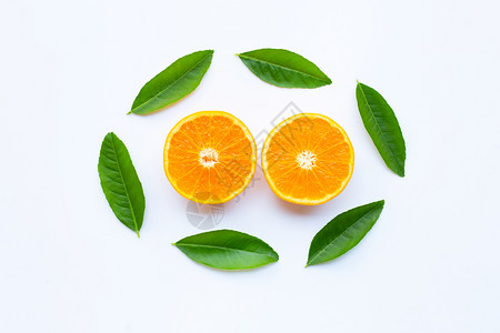 高维生素c新鲜橙色柑橘水果白底绿叶图片