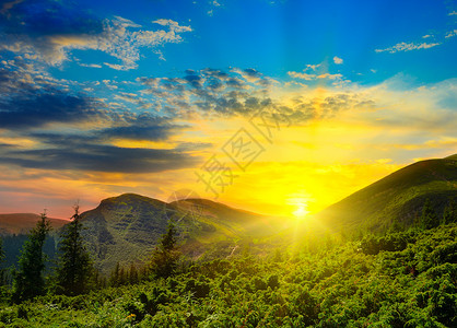 美丽的山地景观和日出山地高原喀尔巴阡山脉乌黑背景图片