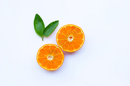 高维生素c新鲜橙色柑橘水果白底叶片分离图片