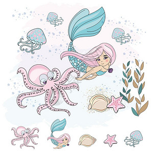 海底美人鱼与章鱼矢量插图图片