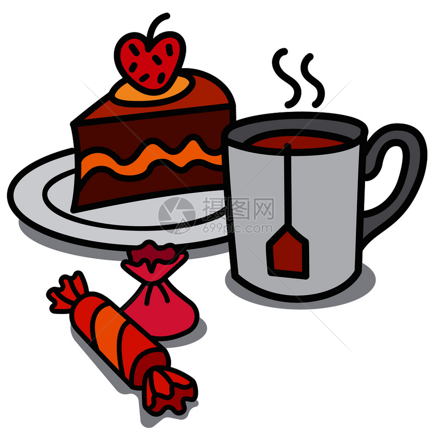 茶和糖果蛋糕卡通矢量插图图片
