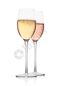 玫瑰粉红和黄色香槟玻璃白背景上隔开的泡图片