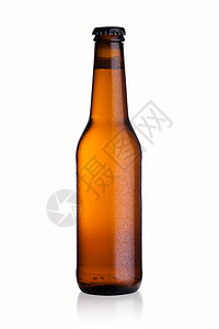 棕褐色玻璃啤酒瓶黑色帽子白底露和反光与白色背景隔绝图片