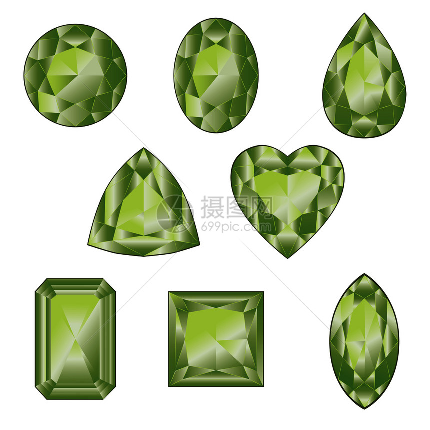 不同形状的绿色晶体宝石矢量设计元素图片