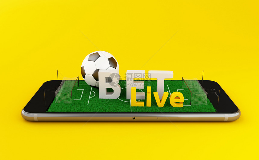 3d插图智能手机橄榄球场黄色背景在线足球赌注体育博概念图片