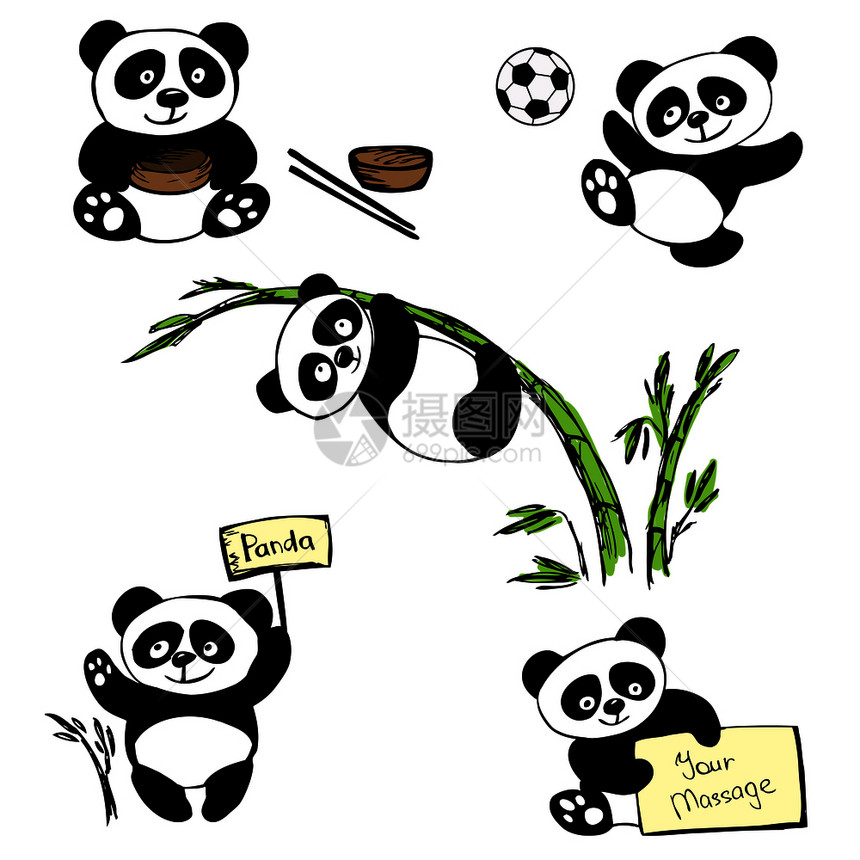 可爱的小熊猫孤立在白色背景上手画矢量插图图片