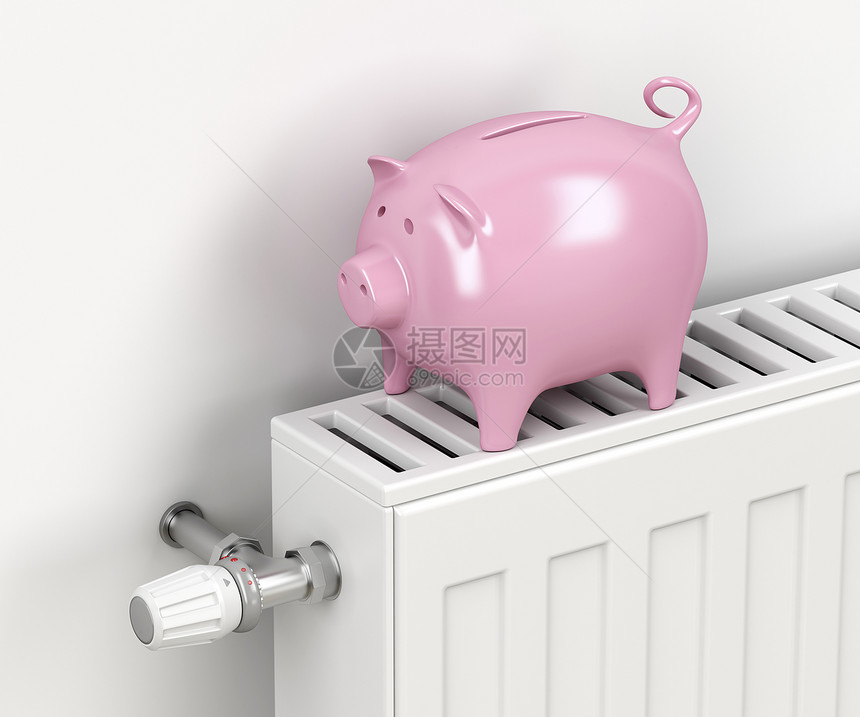 中央暖气散热器的猪库概念图像节省取暖的钱图片