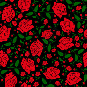黑色背景的红玫瑰无缝花朵模式背景图片