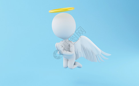 3d插图黄光环的天使蓝背景的天使图片