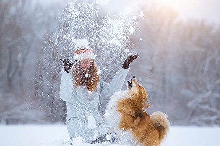冬天和主人一起在户外玩耍的狗图片