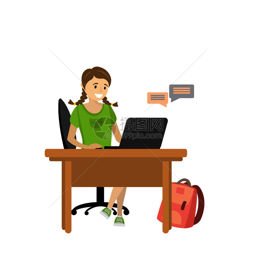 美少女与笔记本电脑通信孤立于白色背景carton矢量插图图片