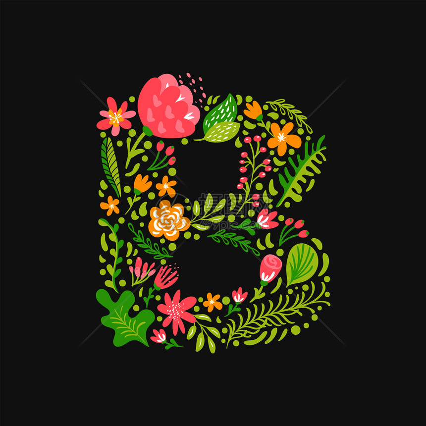 花朵婚礼装饰大写字母B矢量图图片